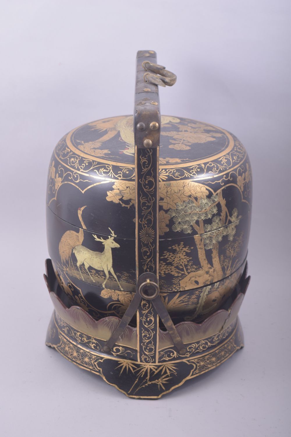 AN EARLY 20TH CENTURY LACQUERED WOOD JUBAKO / FOOD CARRIER, in black and gilt lacquer and - Image 4 of 8