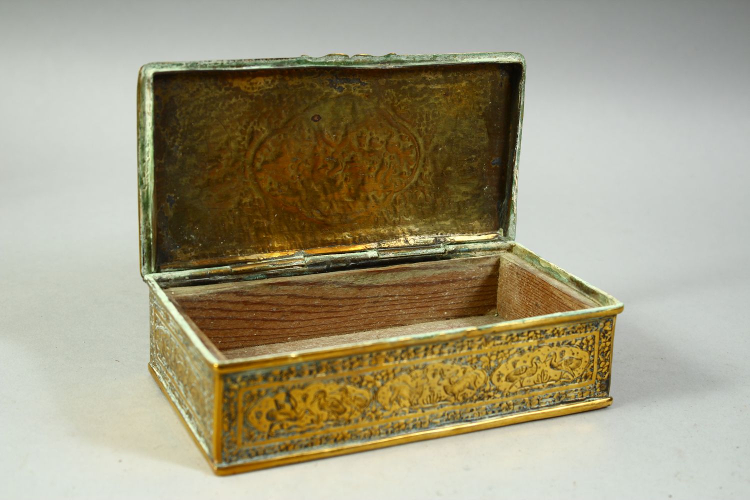 THREE 19TH CENTURY PERSIAN QAJAR BRASS ITEMS, including a rectangular lidded box, an openwork jar - Image 5 of 5