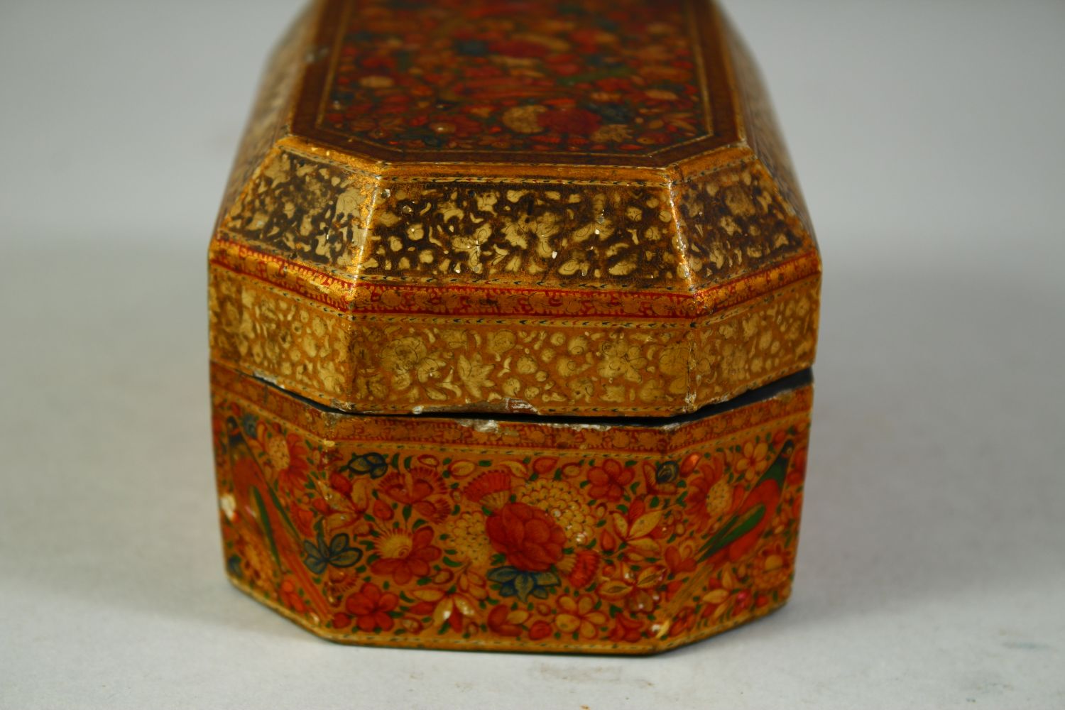 A FINE 19TH CENTURY KASHMIRI LACQUERED PAPIER MACHE LIDDED BOX, decorated with birds and flora, 13. - Image 2 of 7