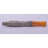 A FINE OTTOMAN FILIGREE SILVER AND AMBER HUQQA MOUTHPIECE, 15cm long.