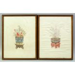 TWO CHINESE EMBROIDERED SILK PICTURES, finely embroidered depicting flowers in jardinieres on