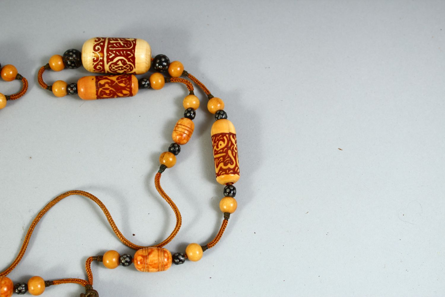 A RARE 18TH CENTURY OR EARLIER OTTOMAN IVORY, WALRUS AND BLACK CORAL BEADED NECKLACE. - Image 6 of 6