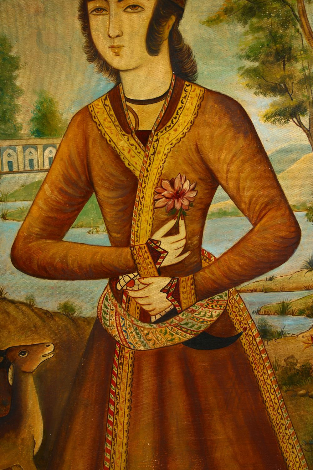 A 20TH CENTURY PERSIAN OIL PAINTED PORTRAIT ON CANVAS, of a royal figure in a garden with deer, - Image 3 of 4