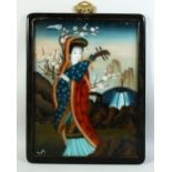 A CHINESE REVERSE GLASS PAINTED PICTURE in a hardwood frame, of a female figure holding an