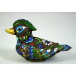 A CHINESE ENAMELLED METALWORK MODEL OF A DUCK, 14cm long.