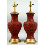 A PAIR OF CHINESE CINNABAR LACQUER LAMPS, the body of each with figures in a landscape with
