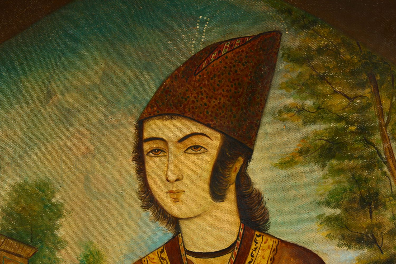 A 20TH CENTURY PERSIAN OIL PAINTED PORTRAIT ON CANVAS, of a royal figure in a garden with deer, - Image 2 of 4