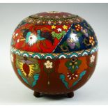 A JAPANESE CLOISONNE GLOBULAR LIDDED JAR, decorated with various floral motifs and stylised birds,