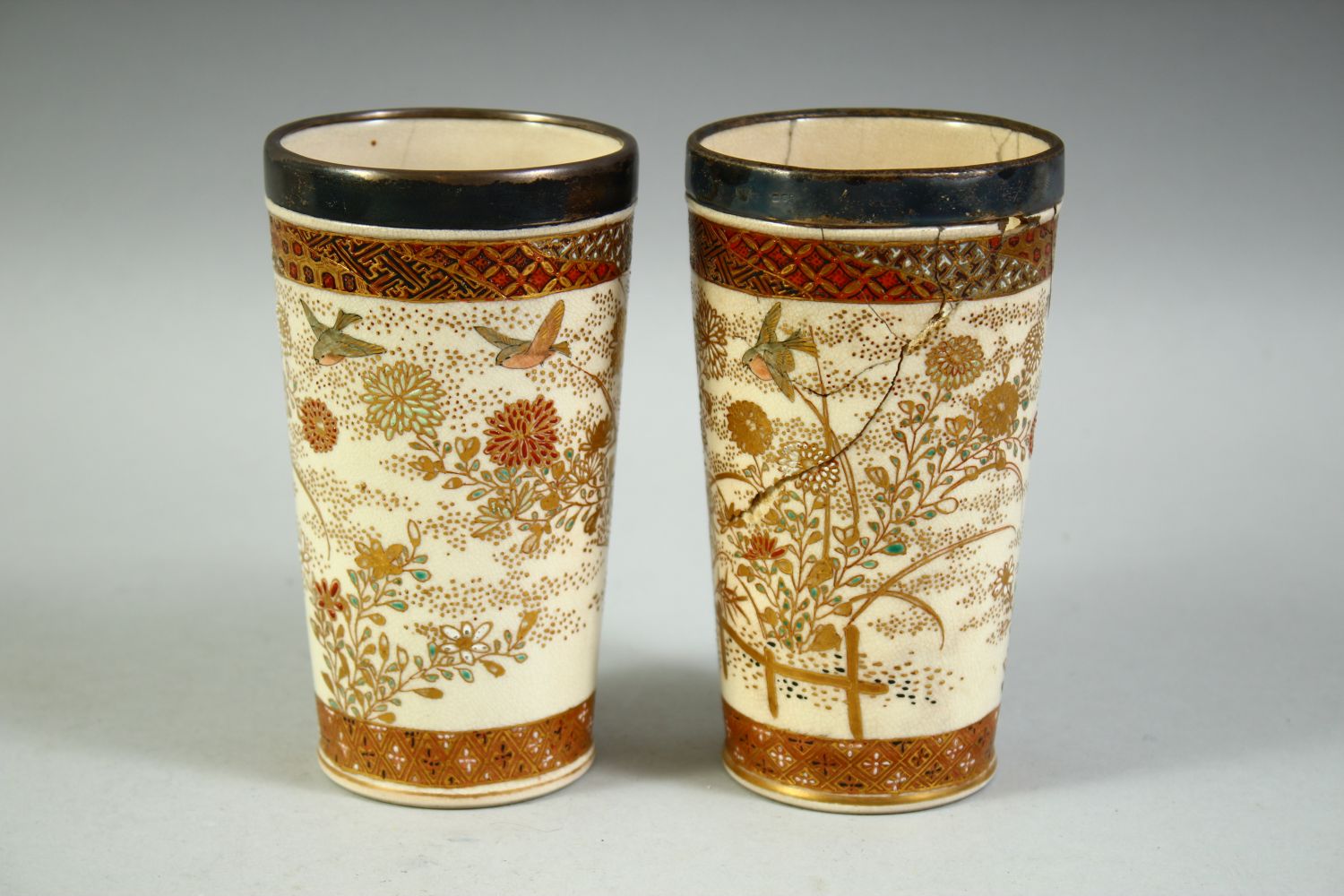 A PAIR OF SATSUMA PORCELAIN BEAKERS AND JUG, all with silver band rims, (one af). - Image 5 of 7