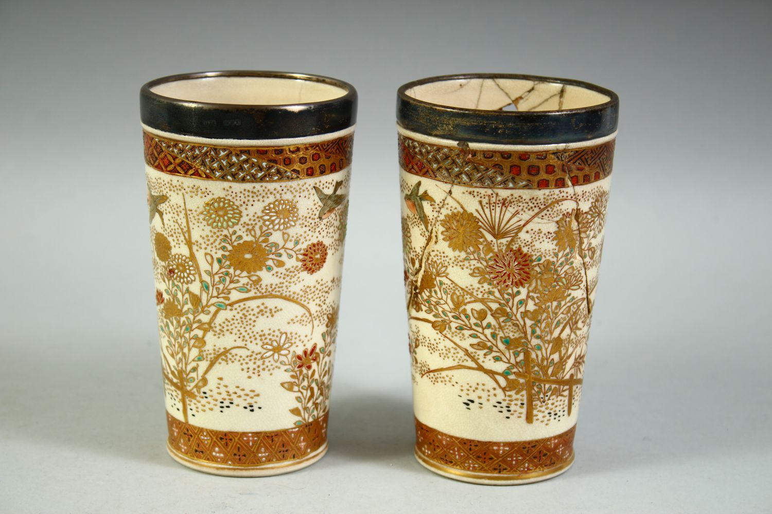 A PAIR OF SATSUMA PORCELAIN BEAKERS AND JUG, all with silver band rims, (one af). - Image 4 of 7