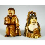 TWO CARVED NETSUKES, one of a boy holding a noh mask, the other of a sage, (2).