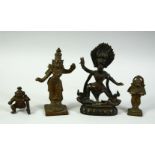 A COLLECTION OF FOUR INDIAN HINDU DEITY BRONZE FIGURES, largest 13cm high.