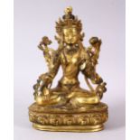 A THAI GILT BRONZE SEATED FEMALE DIETY, 20cm high.