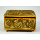 A VERY FINE ISLAMIC SPANISH TOLEDO GOLD INLAID LIDDED CASKET, the hinged lid opening to reveal a red