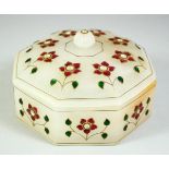 AN INDIAN JADE OCTAGONAL FORM BOX AND COVER, onlaid with semi precious stones and floral wirework