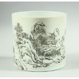 A LARGE CHINESE PORCELAIN CYLINDRICAL BRUSH POT, decorated with a landscape scene, 15.5cm high.