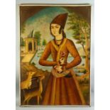 A 20TH CENTURY PERSIAN OIL PAINTED PORTRAIT ON CANVAS, of a royal figure in a garden with deer,