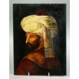 A TURKISH OIL PAINTING ON BOARD, depicting a sultan, 30.5cm x 22.5cm.