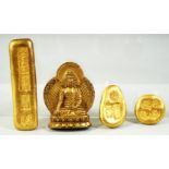 FOUR CHINESE GILT BRONZE PIECES.