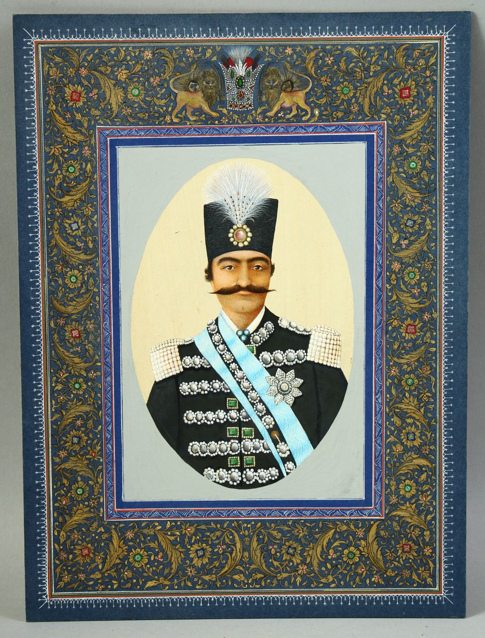 A FINE ISLAMIC PORTRAIT MINIATURE PAINTING ON BOARD, depicting a royal figure, the border with