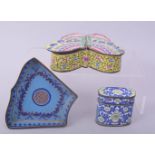 THREE 19TH CENTURY CHINESE CANTON ENAMELLED ITEMS, comprising of a butterfly form box, another small