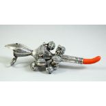 A CONTINENTAL SILVER AND CORAL NINE BELL RATTLE