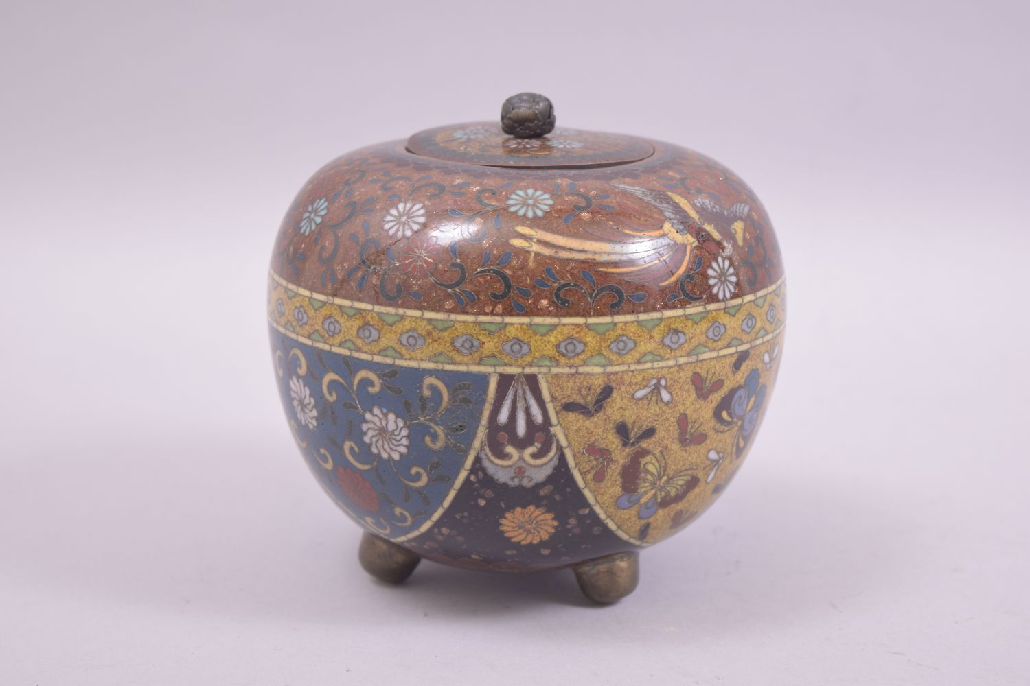 A JAPANESE CLOISONNE KORO AND COVER, decorated with panels of butterflies and flower heads beneath a - Image 2 of 8