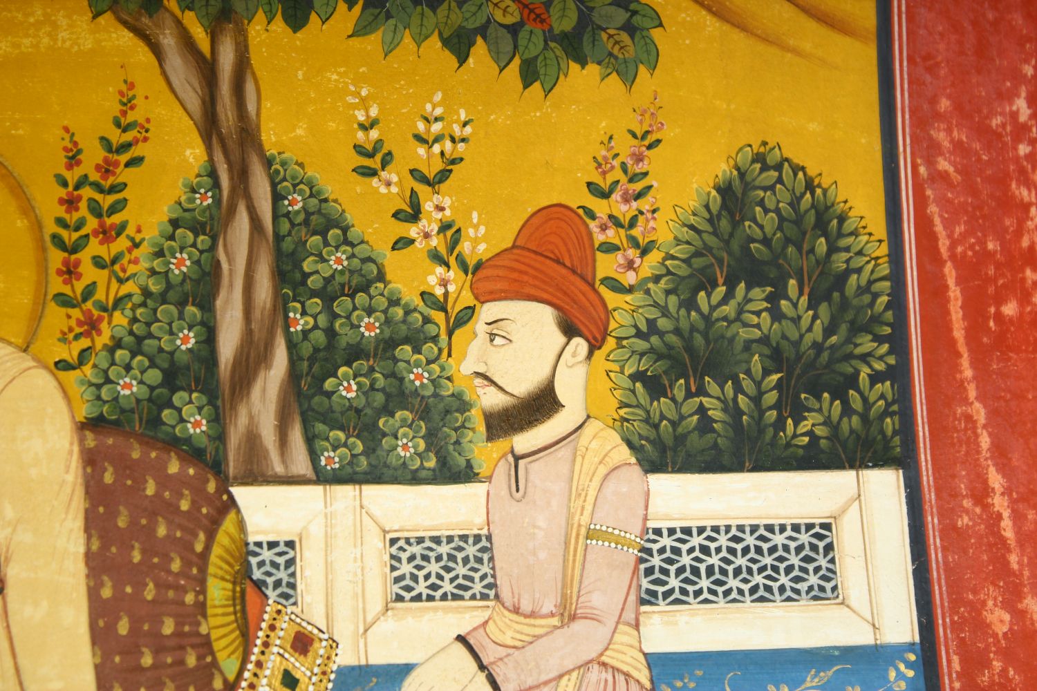 A LARGE INDIAN MINIATURE PAINTING ON PAPER, depicting a seated holy man with a musician and - Image 5 of 6