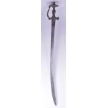 A FINE 18TH CENTURY INDIAN WATERED STEEL TULWAR SWORD, with silver inlaid handle, 88.5cm long.