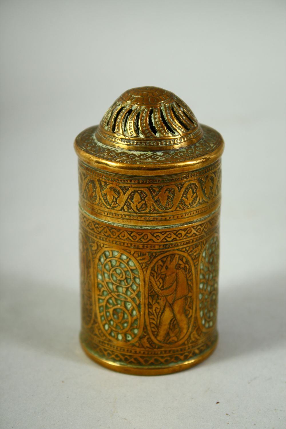 THREE 19TH CENTURY PERSIAN QAJAR BRASS ITEMS, including a rectangular lidded box, an openwork jar - Image 2 of 5