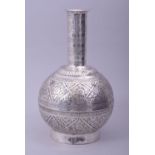 AN INDIAN OR SOUTH EAST ASIAN WHITE METAL BOTTLE, with engraved and chased floral decoration, 23cm