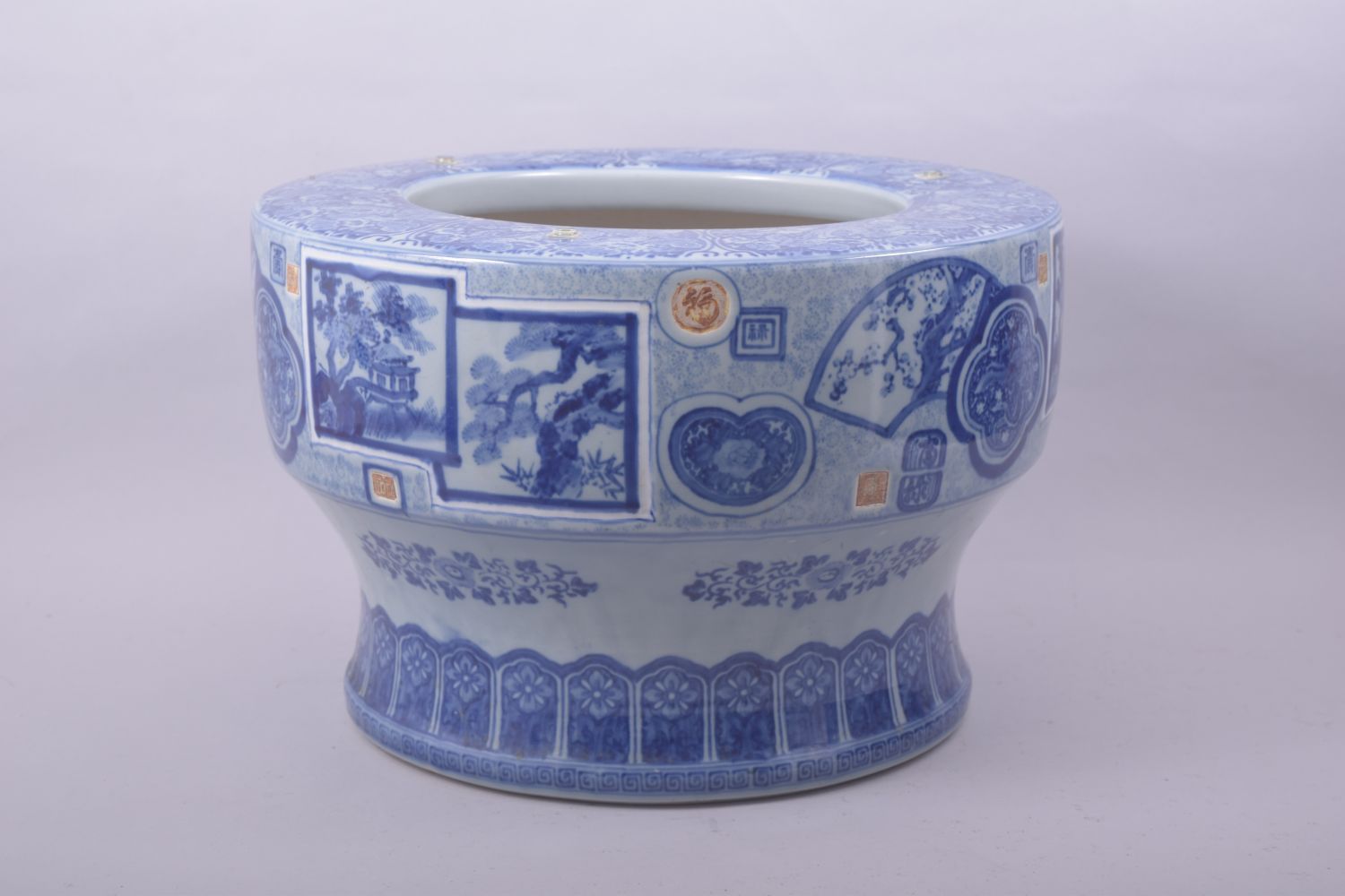 A LARGE JAPANESE ARITA BLUE AND WHITE PORCELAIN HIBACHI, possibly Taisho period, decorated with - Image 5 of 7