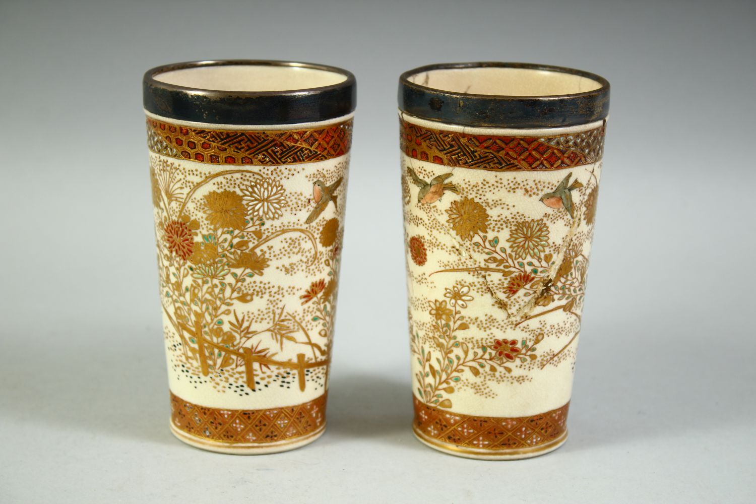 A PAIR OF SATSUMA PORCELAIN BEAKERS AND JUG, all with silver band rims, (one af). - Image 3 of 7