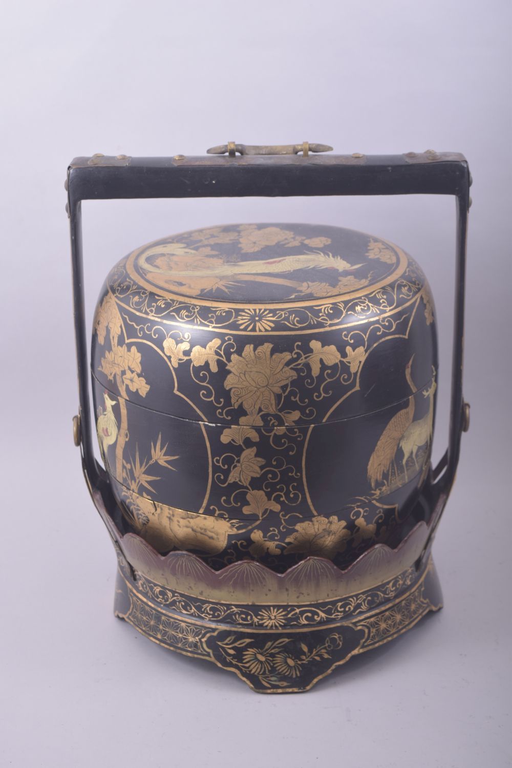 AN EARLY 20TH CENTURY LACQUERED WOOD JUBAKO / FOOD CARRIER, in black and gilt lacquer and - Image 3 of 8