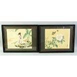 TWO CHINESE PAINTINGS ON SILK, both framed and glazed, each 33.5cm x 42.5cm.