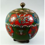 A JAPANESE CLOISONNE GLOBULAR LIDDED JAR, decorated with various floral motifs, stylised birds and