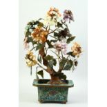 A CHINESE MIXED HARDSTONE BONSAI SCULPTURE, in a cloisonne planter, 45cm high.