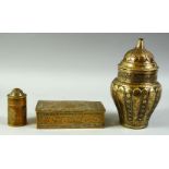 THREE 19TH CENTURY PERSIAN QAJAR BRASS ITEMS, including a rectangular lidded box, an openwork jar
