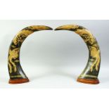 A PAIR OF CHINESE CARVED BULL HORNS mounted to wooden bases, each carved with a dragon and phoenix /