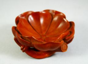 A CHINESE CARVED BOXWOOD LOTUS BRUSH WASHER, 8cm diameter.