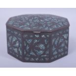 A FINE 19TH CENTURY INDIAN TURQUOISE INLAID BRASS OCTAGONAL LIDDED BOX, the turquoise inlay within a