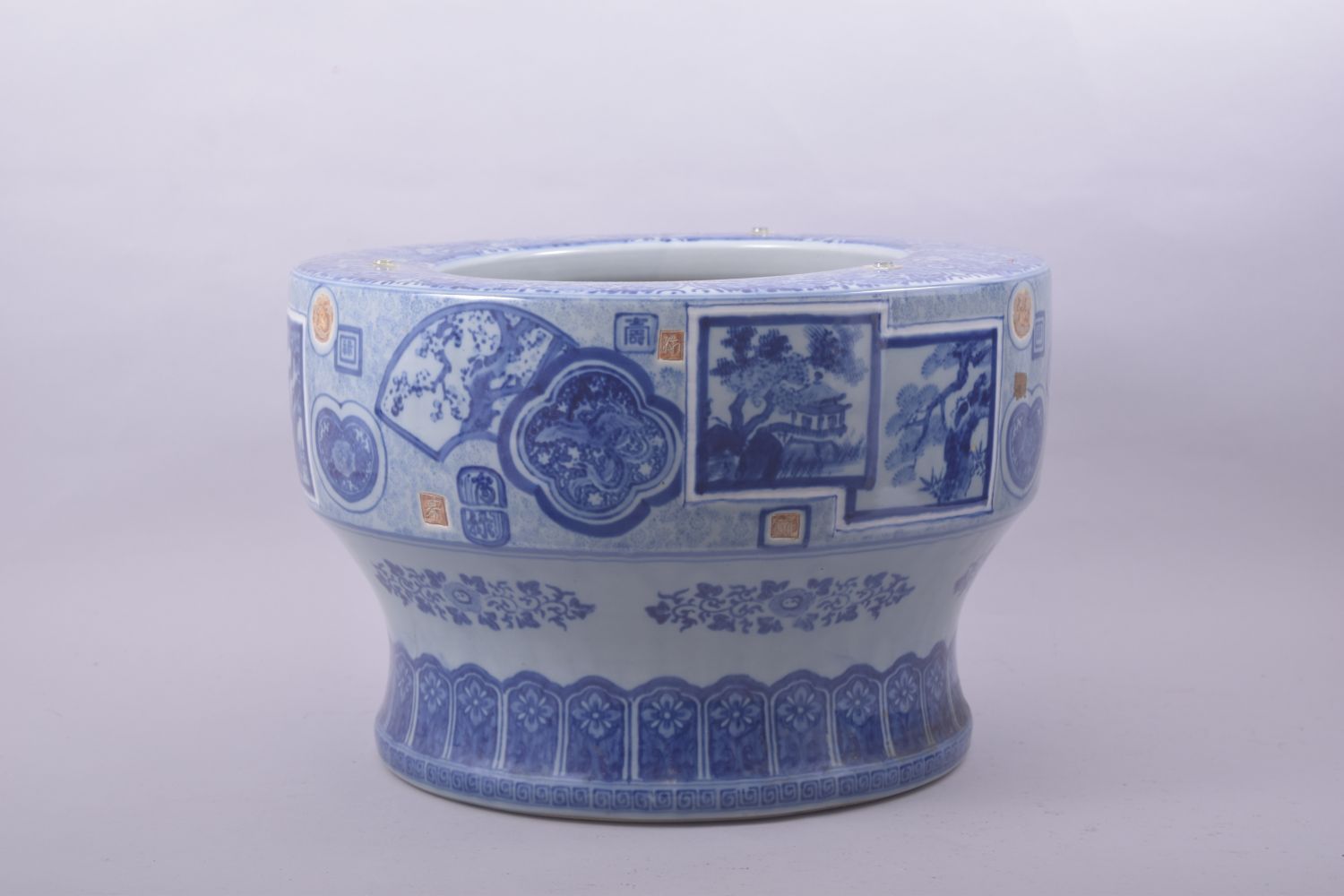 A LARGE JAPANESE ARITA BLUE AND WHITE PORCELAIN HIBACHI, possibly Taisho period, decorated with - Image 3 of 7