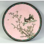 A JAPANESE CLOISONNE PINK GROUND CIRCULAR DISH, decorated with birds and a tree branch, 30cm