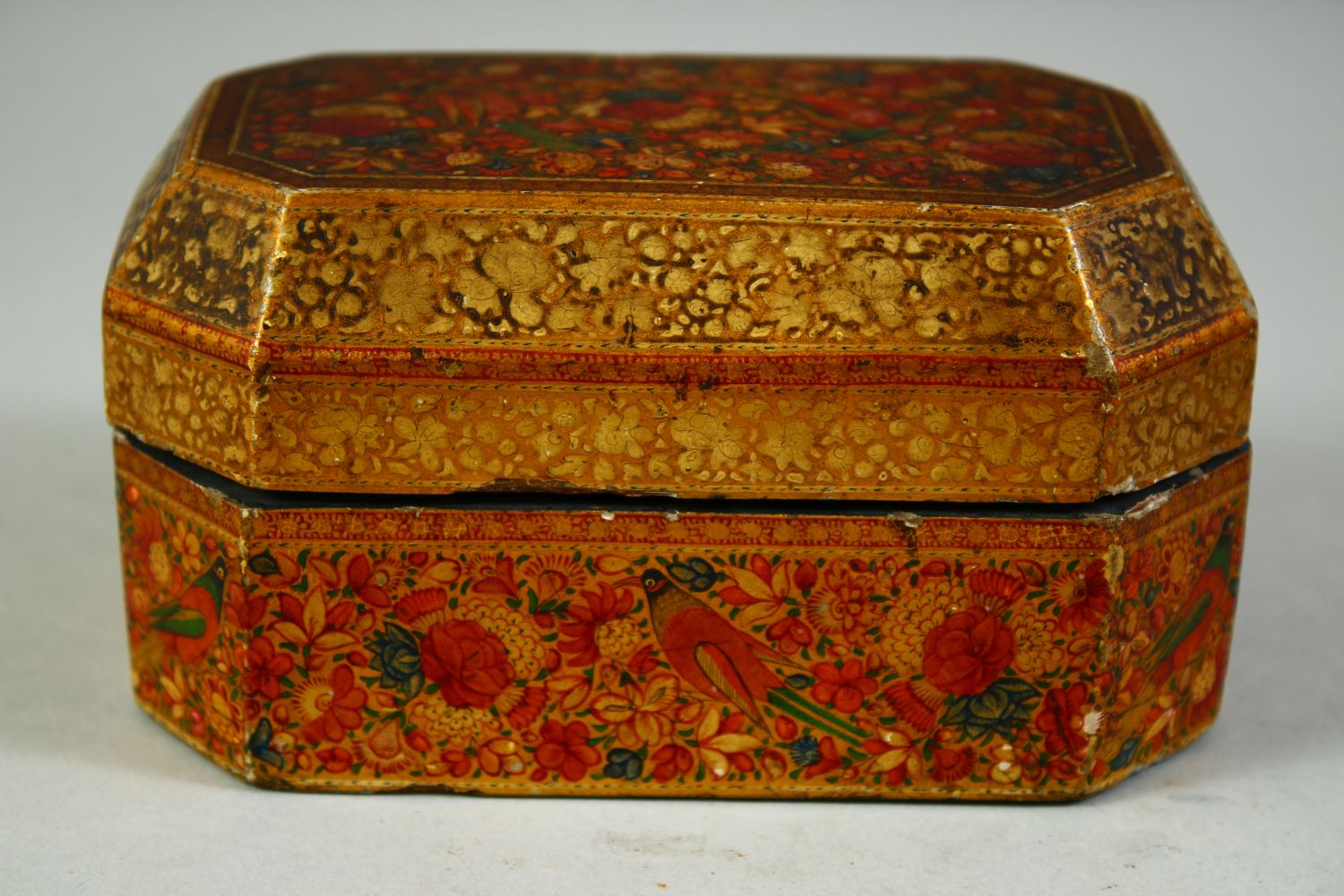 A FINE 19TH CENTURY KASHMIRI LACQUERED PAPIER MACHE LIDDED BOX, decorated with birds and flora, 13. - Image 3 of 7