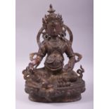 A TIBETAN BRONZE BUDDHA, with traces of red paint and gilt decoration, 30cm high.