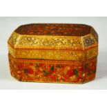 A FINE 19TH CENTURY KASHMIRI LACQUERED PAPIER MACHE LIDDED BOX, decorated with birds and flora, 13.