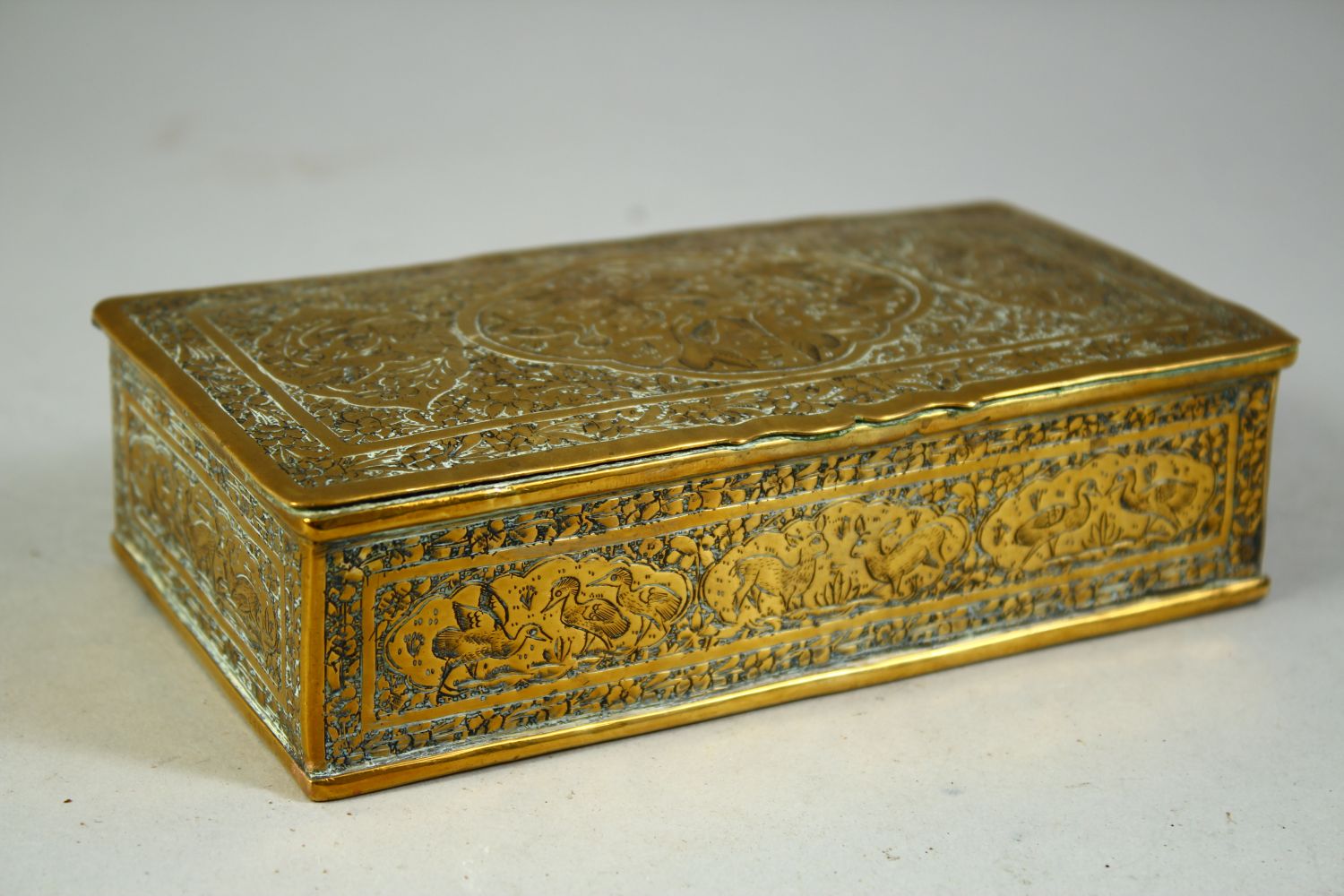 THREE 19TH CENTURY PERSIAN QAJAR BRASS ITEMS, including a rectangular lidded box, an openwork jar - Image 4 of 5