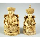 A SMALL PAIR OF CARVED IVORY EMPEROR AND EMPRESS FIGURES, each signed to base, each approx. 8cm