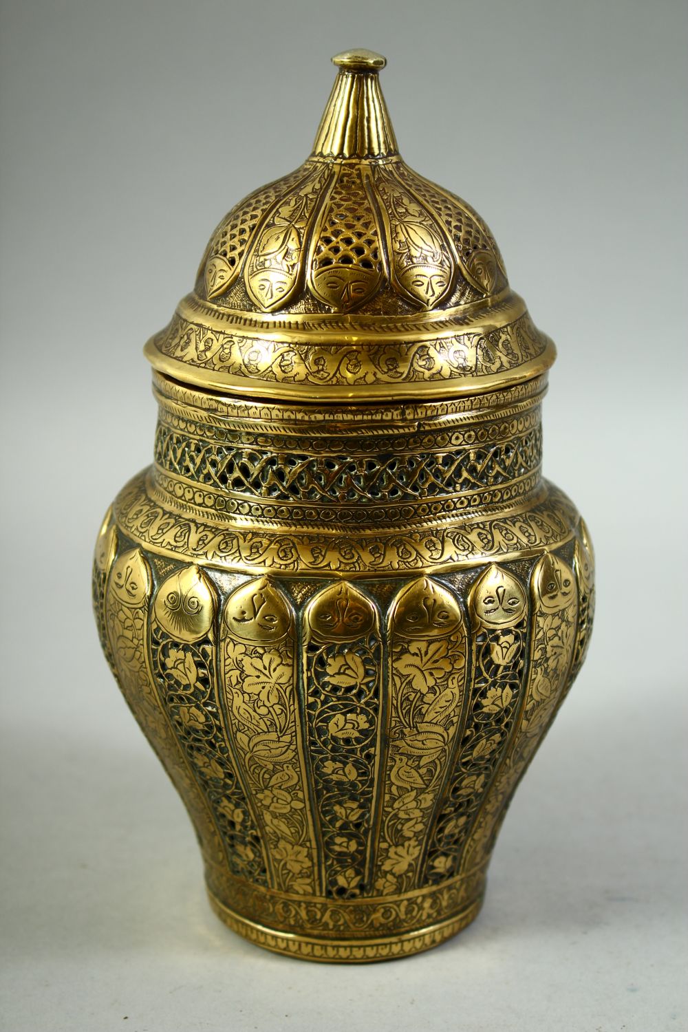 THREE 19TH CENTURY PERSIAN QAJAR BRASS ITEMS, including a rectangular lidded box, an openwork jar - Image 3 of 5