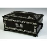 A FINE MOTHER OF PEARL INLAID EBONY CASKET, 23.5cm long.